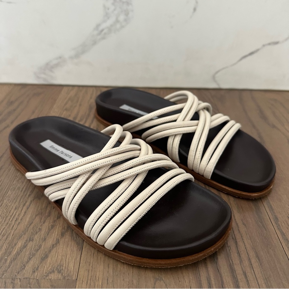 Emme Parsons Evvie Strappy Flat Slide Sandals in Cream and Brown Size 37 / 7